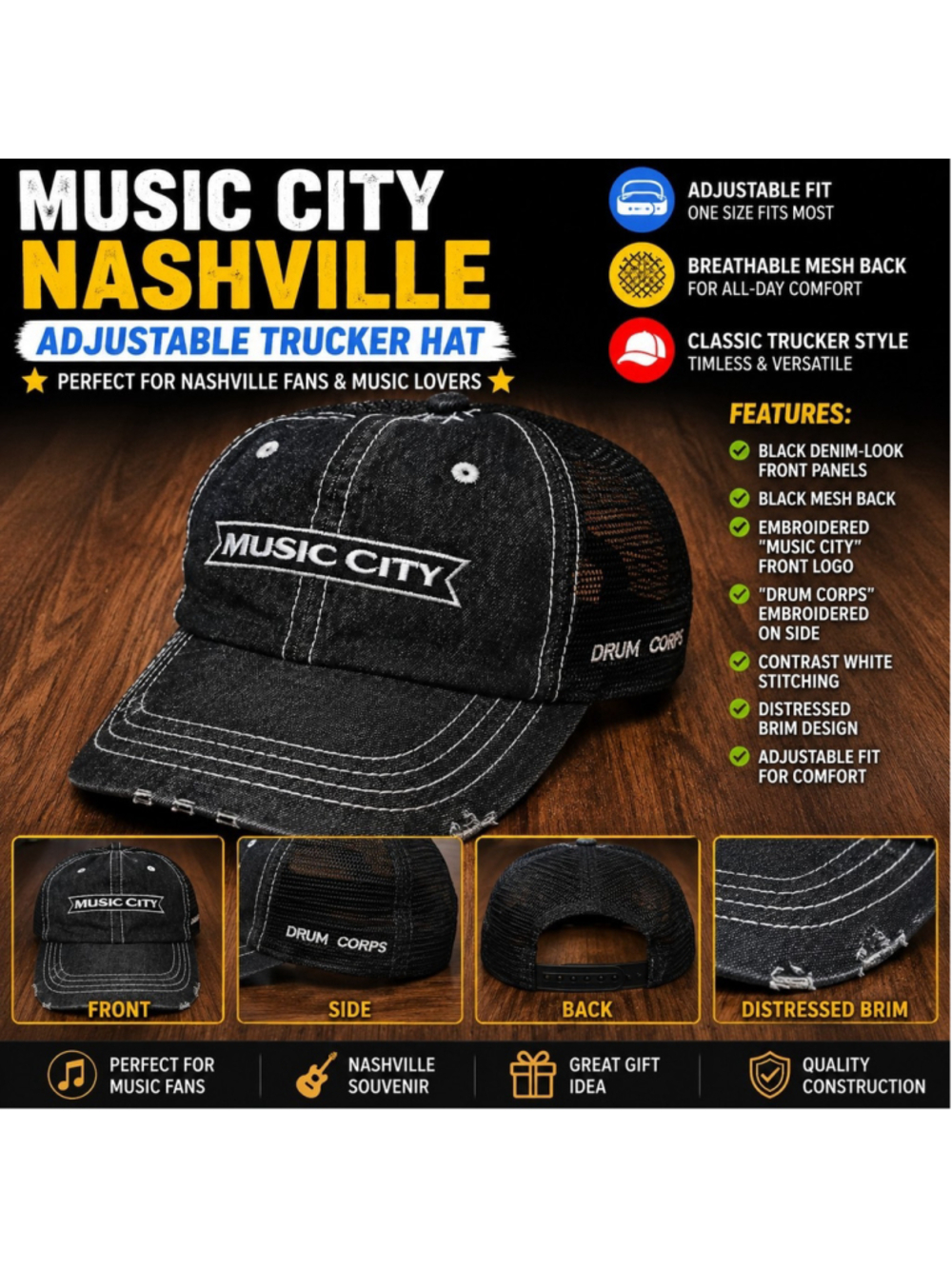 Music City Nashville Drum Corps Distressed Trucker Hat Cap Black Adjustable Mesh